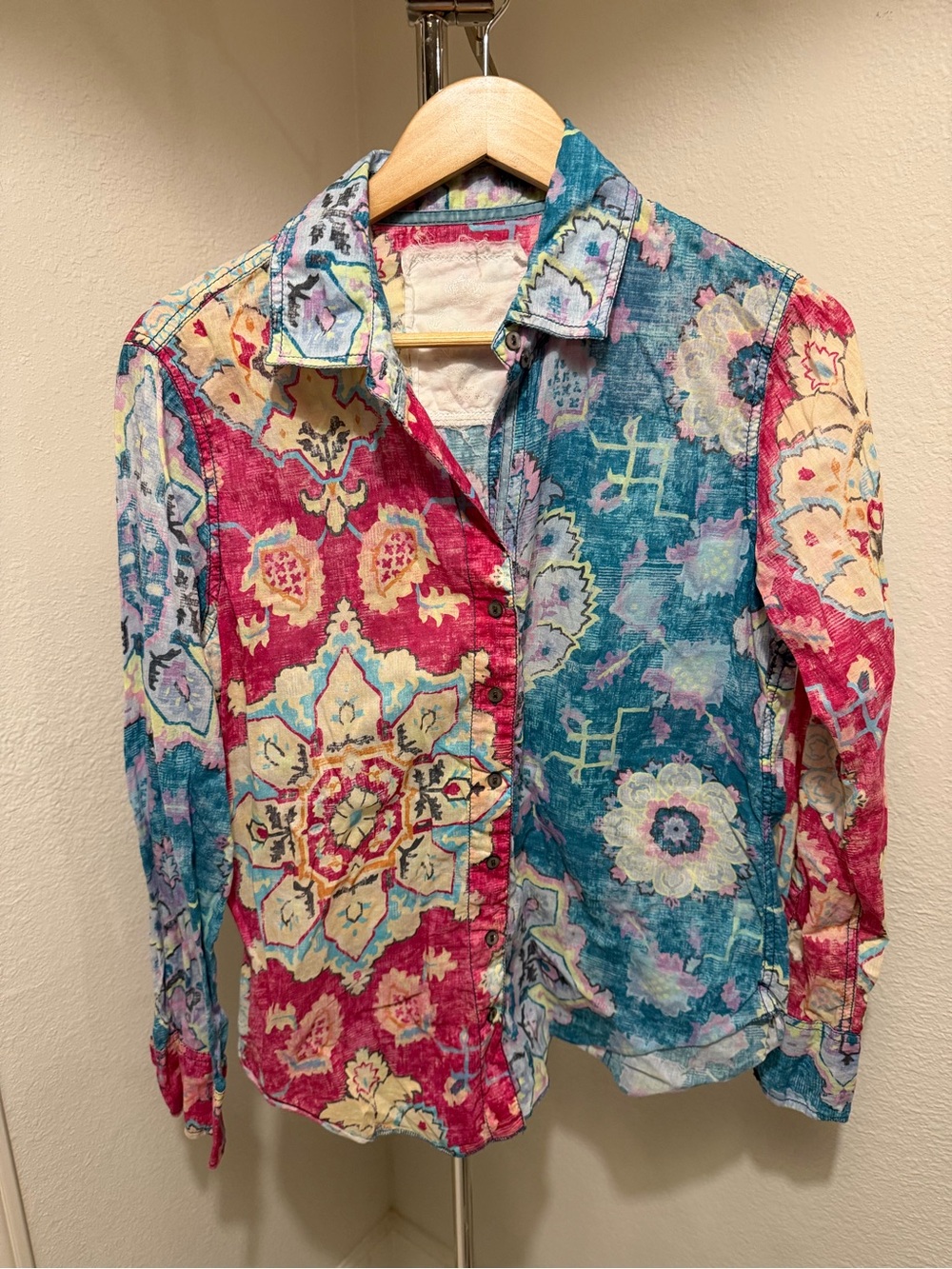 Mixed Floral Button-Down Shirt - Pink & Teal